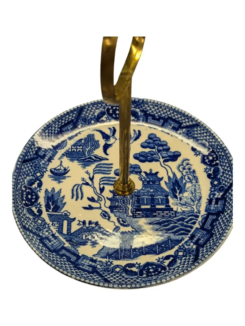 2 Tier Blue and White Willow Pattern Vintage China Cake Stand