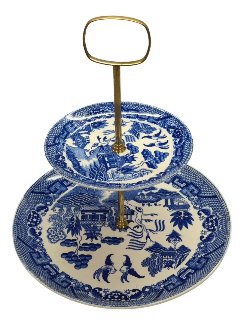 2 Tier Blue and White Willow Pattern Vintage China Cake Stand