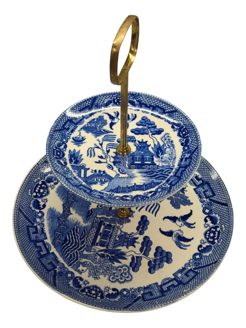 2 Tier Blue and White Willow Pattern Vintage China Cake Stand