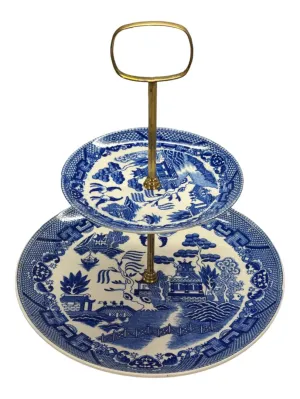 2 Tier Blue and White Willow Pattern Vintage China Cake Stand