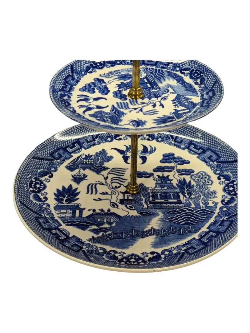 2 Tier Blue and White Willow Pattern Vintage China Cake Stand