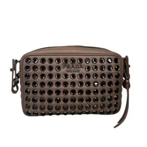 Beige Leather Crystal Studded Camera Bag