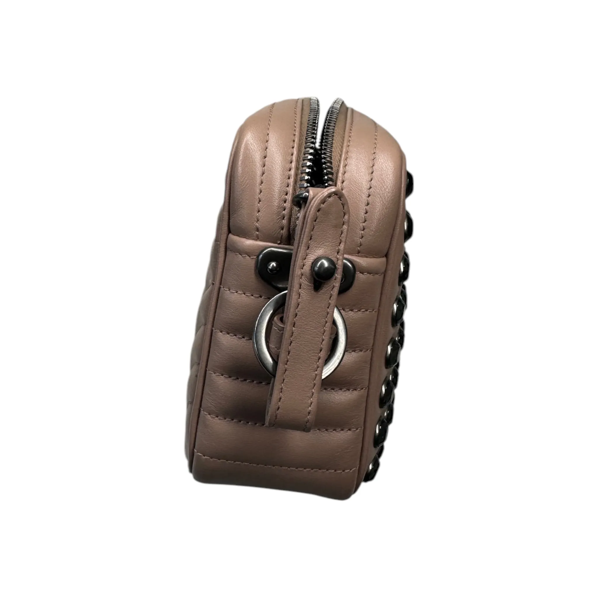 Beige Leather Crystal Studded Camera Bag