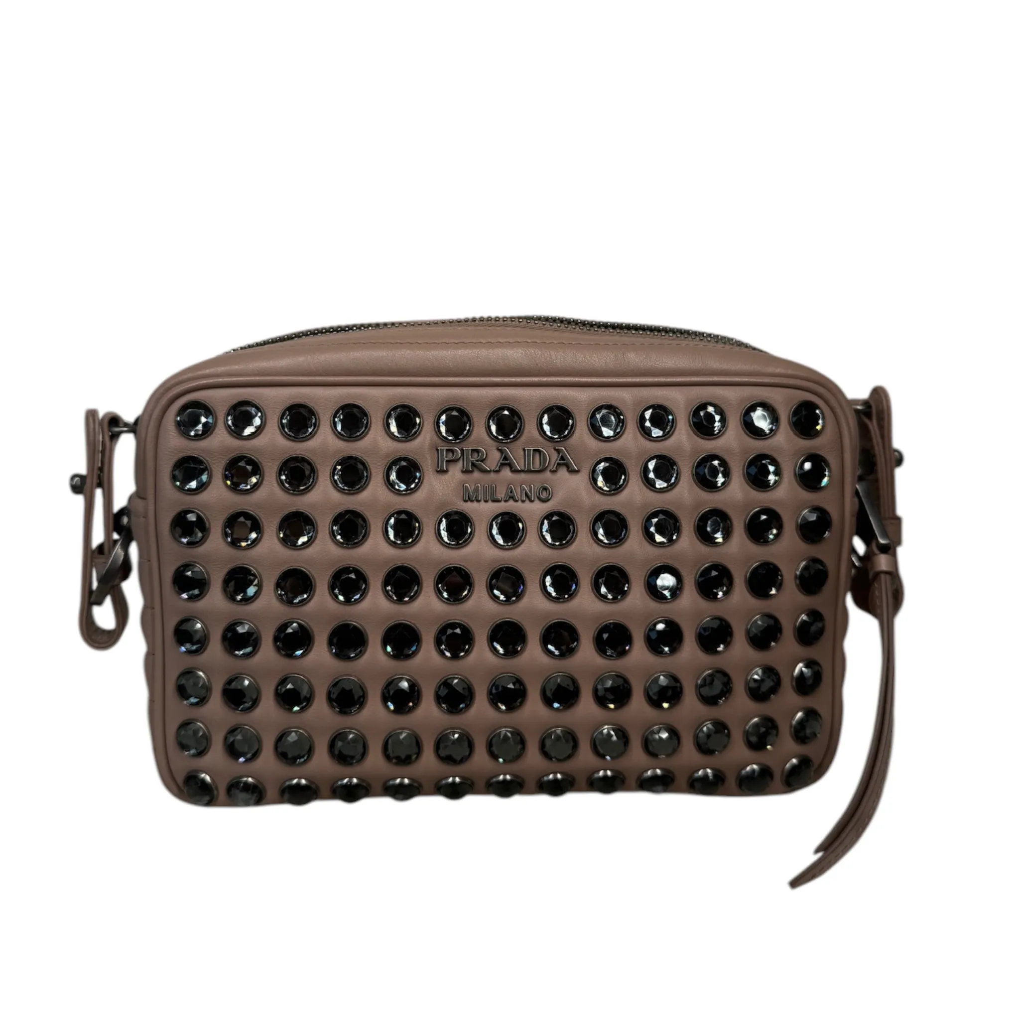 Beige Leather Crystal Studded Camera Bag
