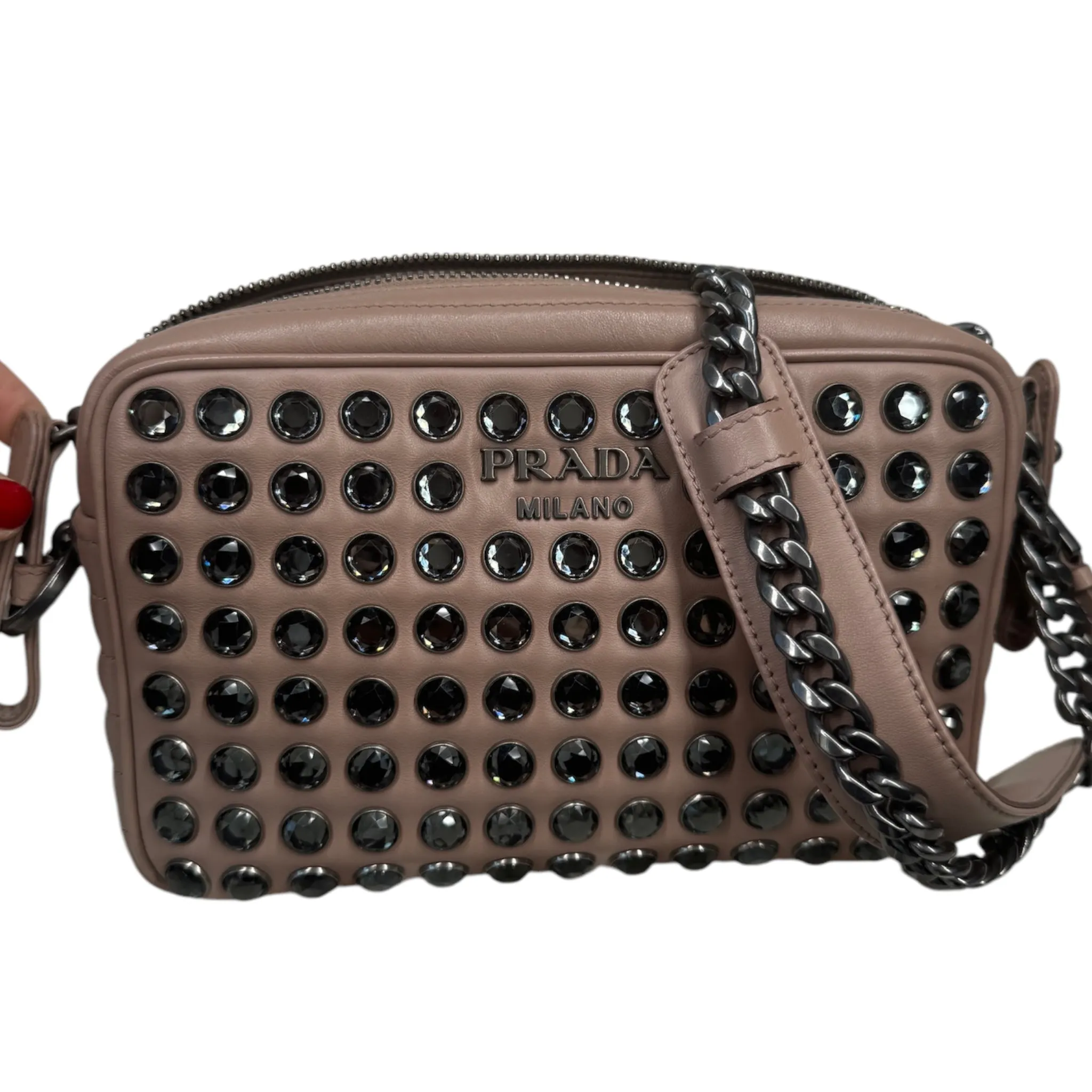 Beige Leather Crystal Studded Camera Bag