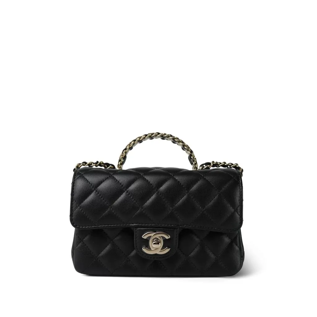 Black Lambskin Quilted Mini Crystal Top Handle LGHW