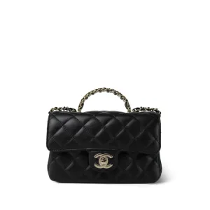 Black Lambskin Quilted Mini Crystal Top Handle LGHW