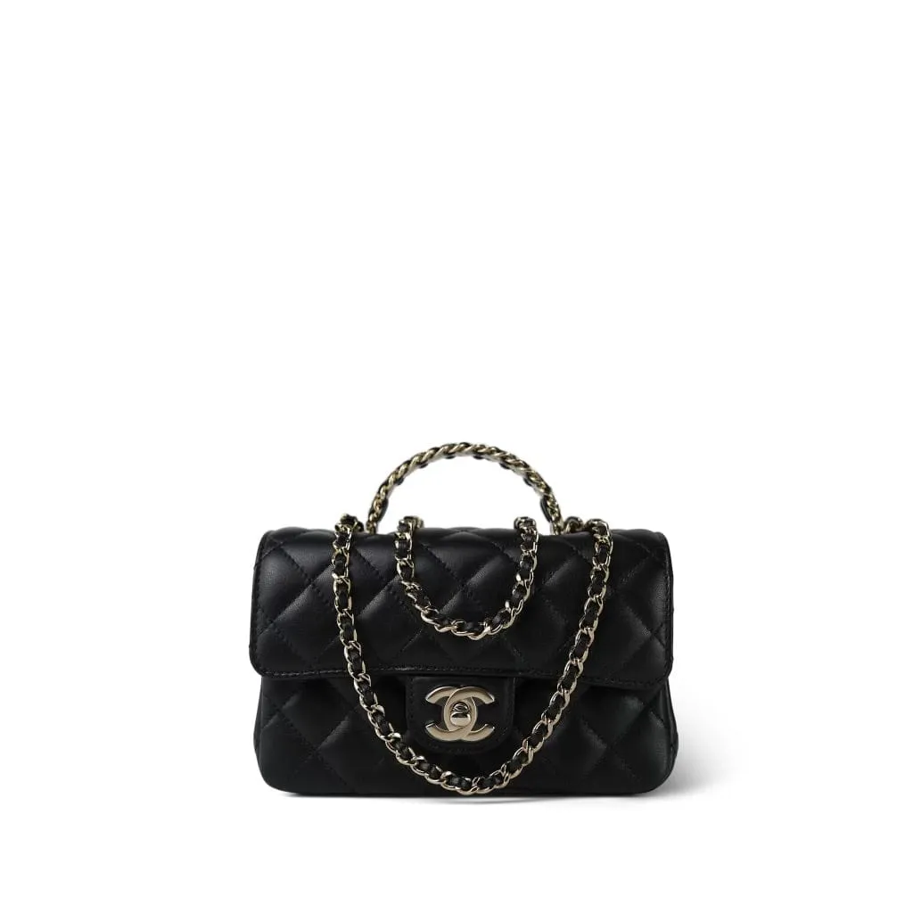 Black Lambskin Quilted Mini Crystal Top Handle LGHW
