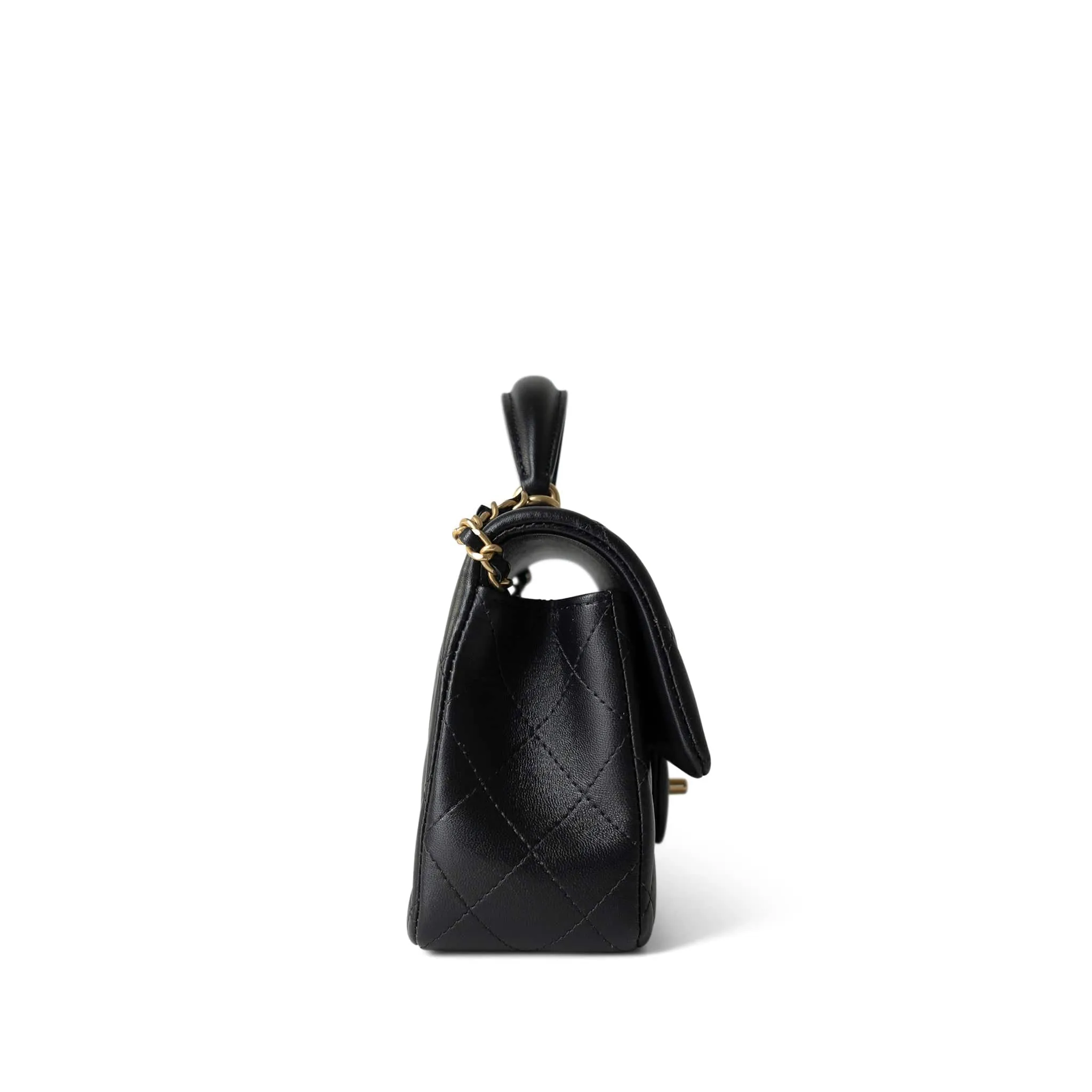 Black Lambskin Quilted Mini Top Handle Antique Gold Hardware