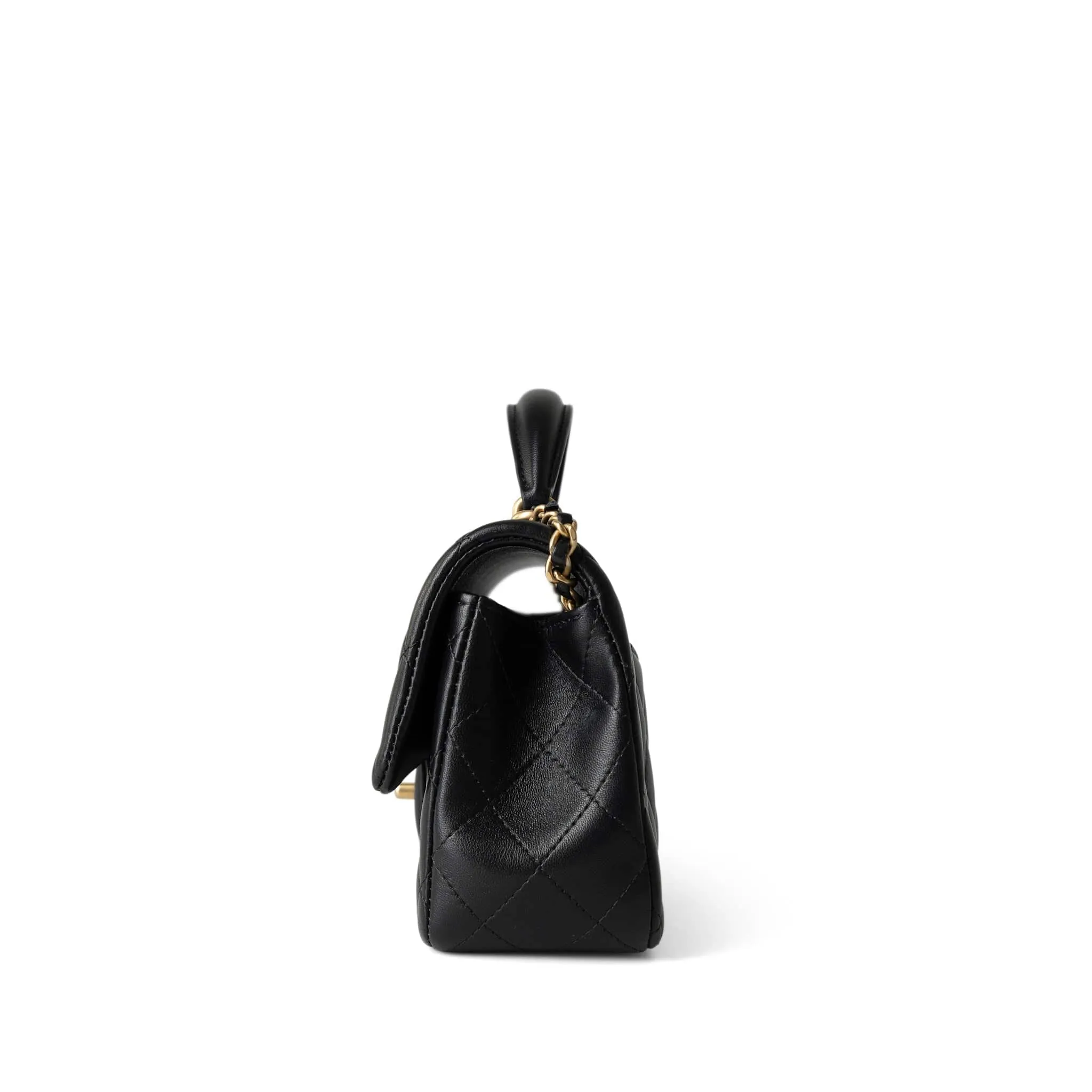 Black Lambskin Quilted Mini Top Handle Antique Gold Hardware