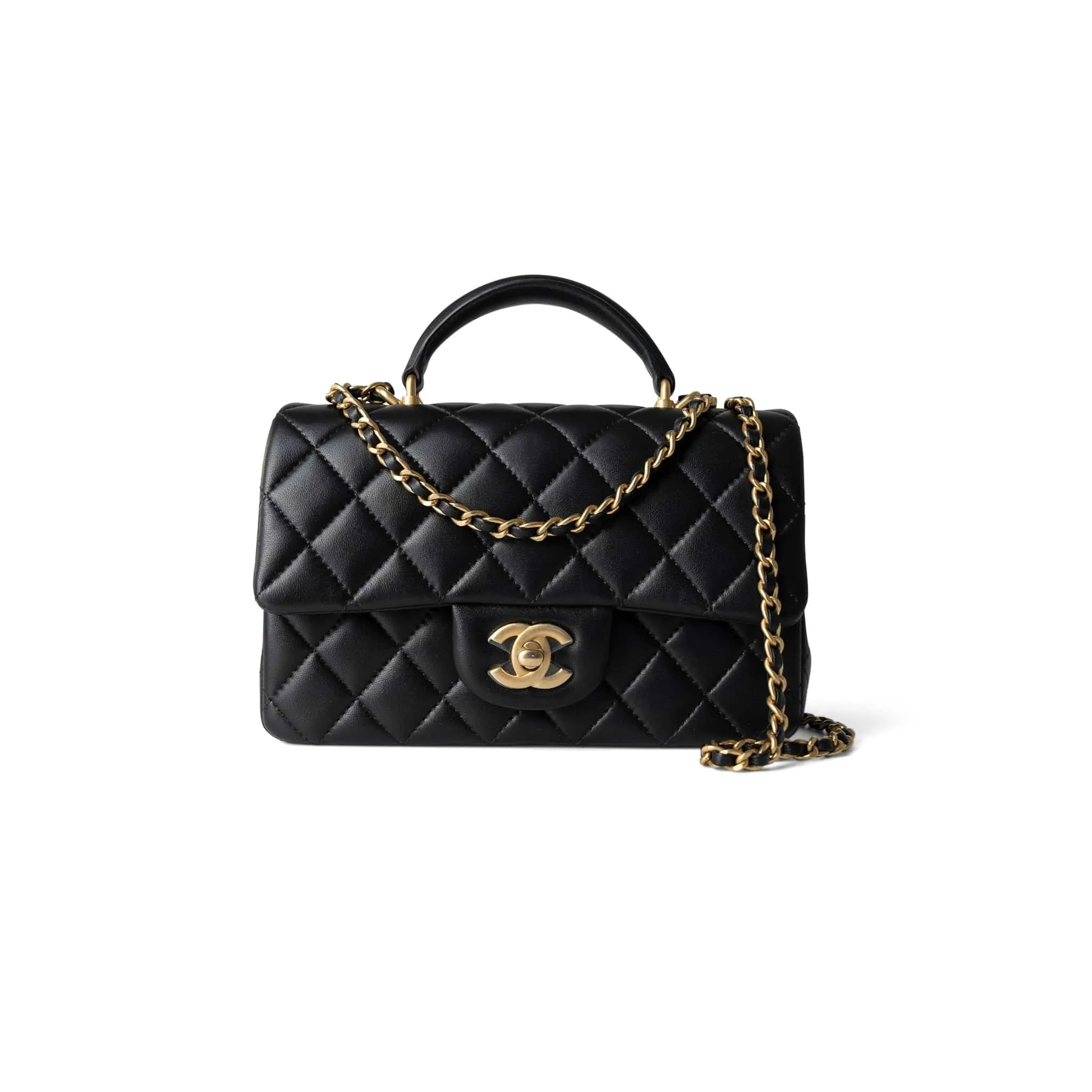 Black Lambskin Quilted Mini Top Handle Antique Gold Hardware
