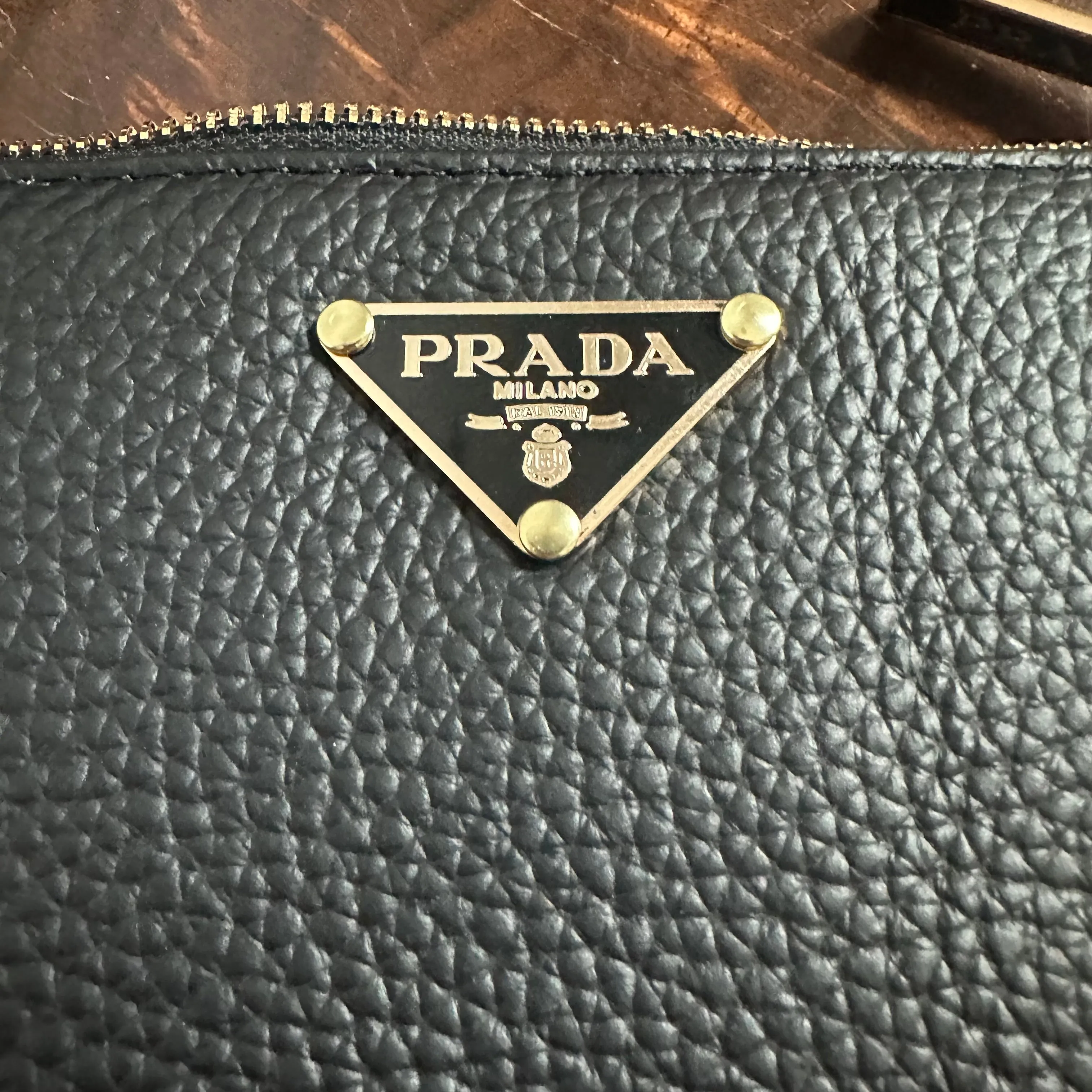 Black Leather Wristlet Bag - w/Upcycled Prada Tag
