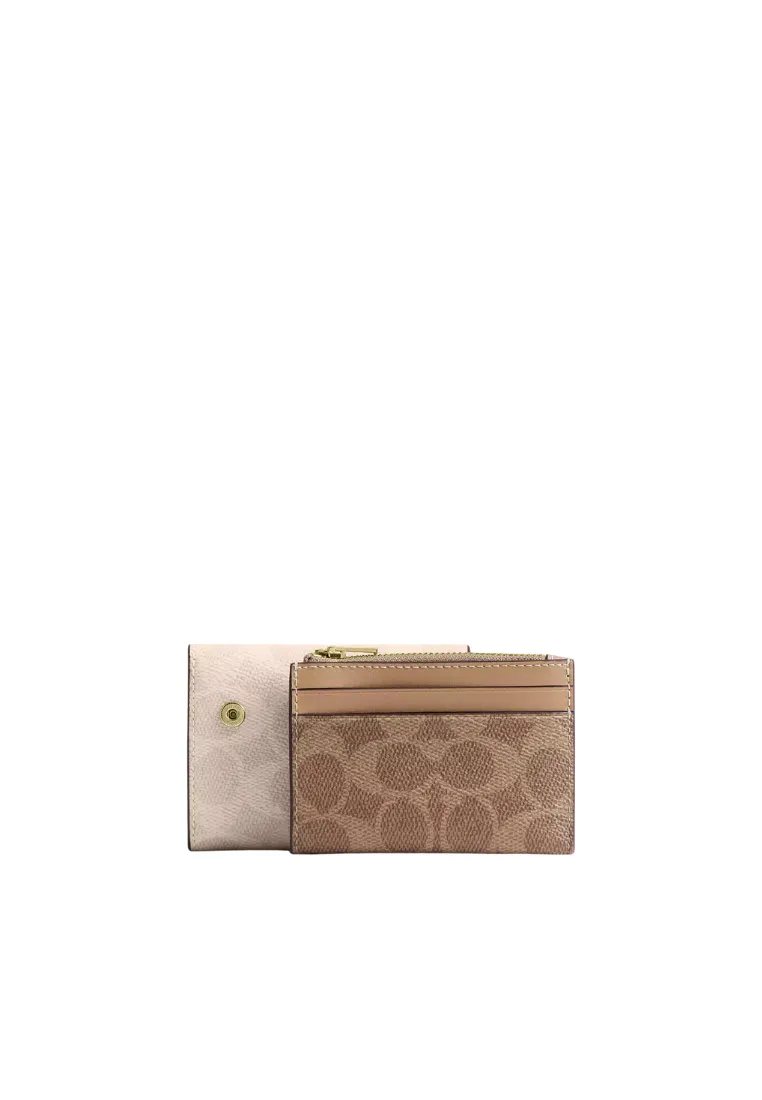 Coach Card Holder Wallet Blocked Signature Canvas In Sand Tan CZ446