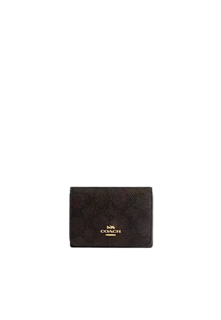Coach Card Holder Wallet In Blocked Signature Canvas In Walnut Tan CZ446