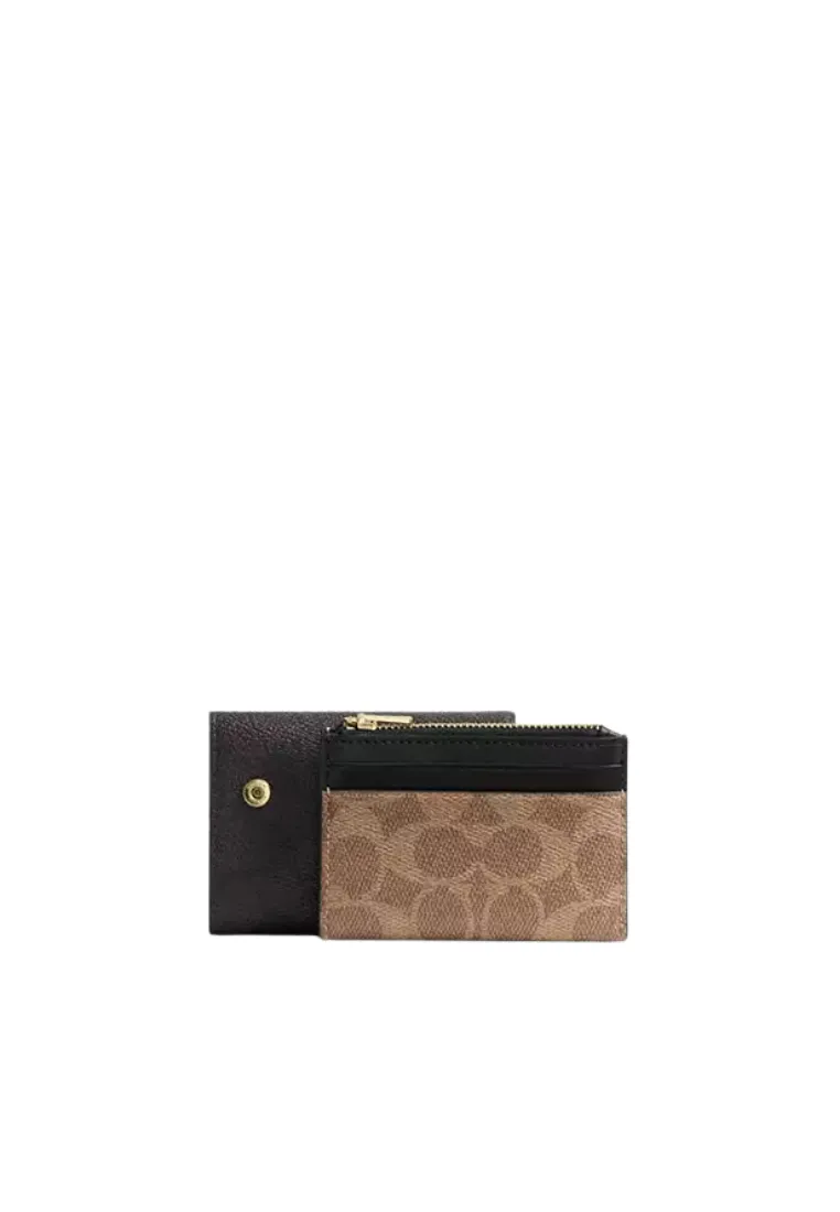 Coach Card Holder Wallet In Blocked Signature Canvas In Walnut Tan CZ446