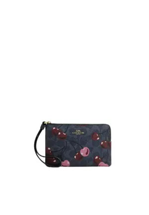 Coach Corner Zip Wristlet In Signature Canvas with Cherry Print In Denim CZ450