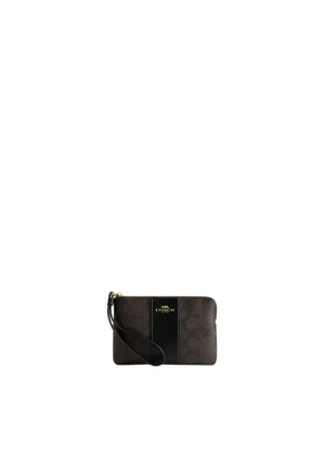 Coach Corner Zip Wristlet Signature Canvas With Stripe In Walnut Black CW854