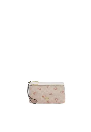 Coach Double Zip Wallet Signature Canvas With Floral Print In Sand Multi Car09