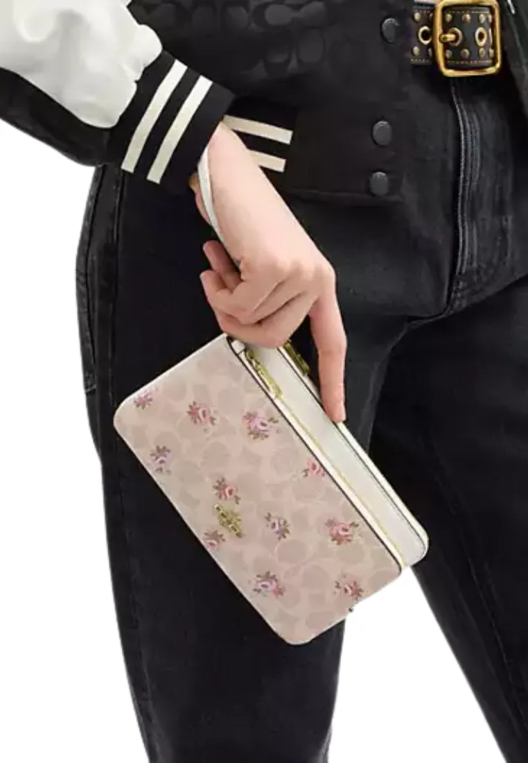 Coach Double Zip Wallet Signature Canvas With Floral Print In Sand Multi Car09