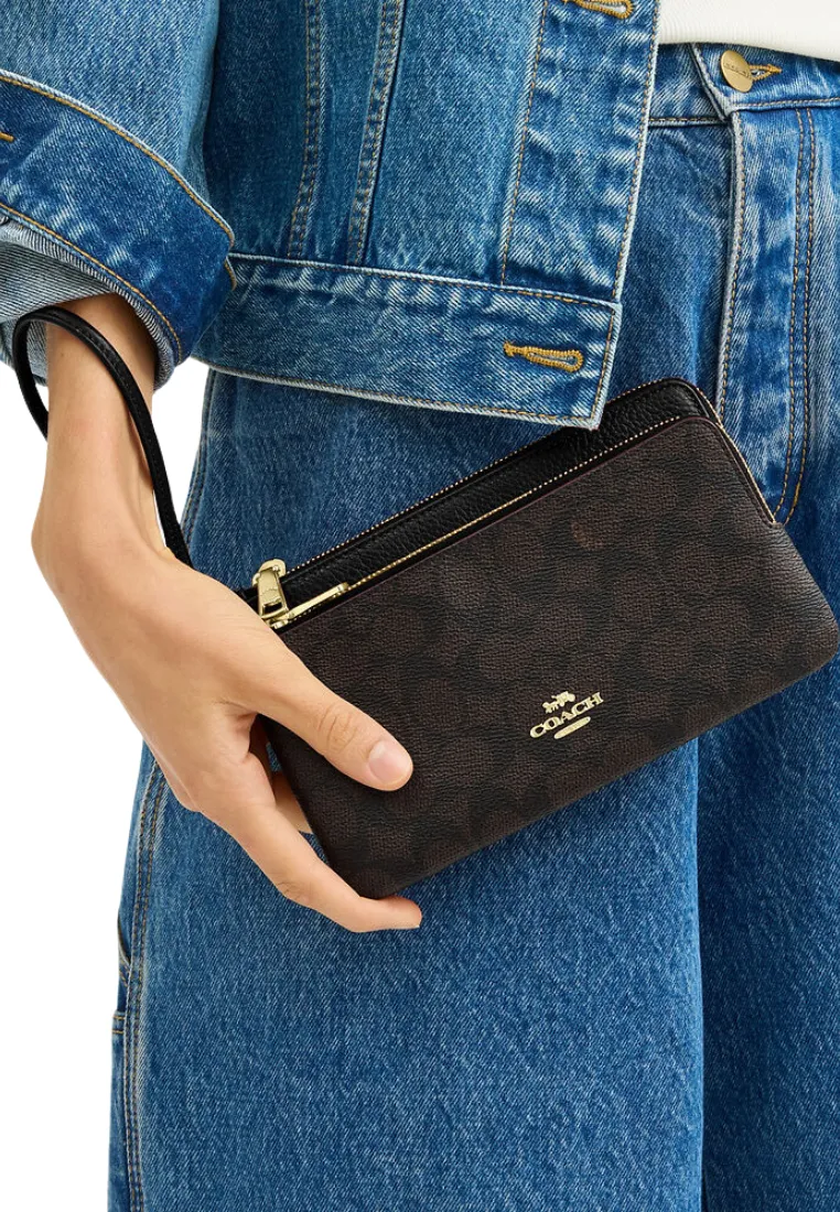 Coach Double Zip Wristlet Signature Canvas In Walnut Black CX161