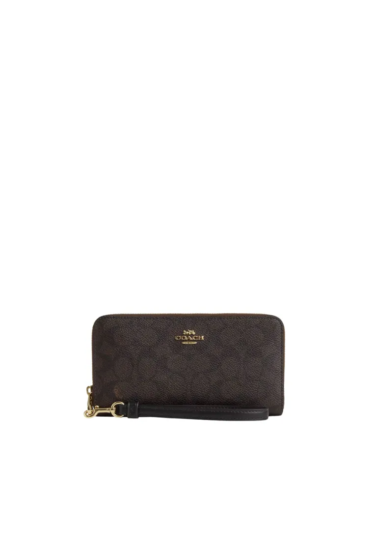Coach Long Zip Around Wallet In Signature Canvas In Walnut Black CW778