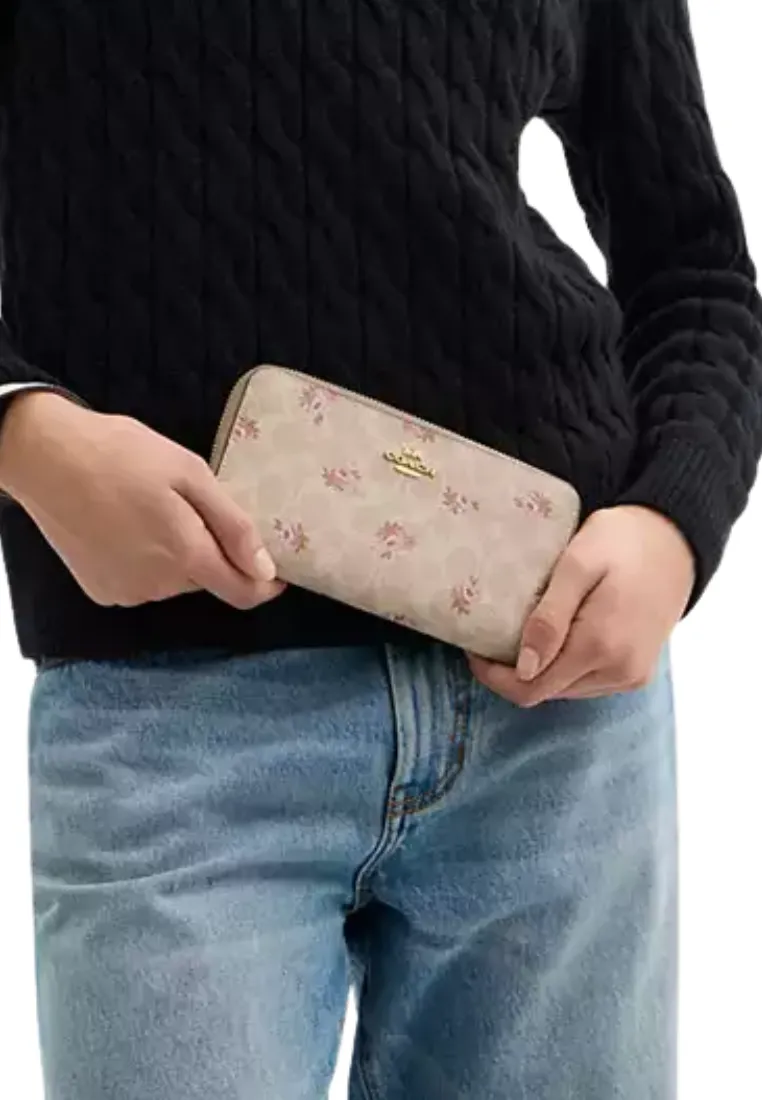 Coach Long Zip Around Wallet Signature Canvas With Floral Print In Sand Multi Car06
