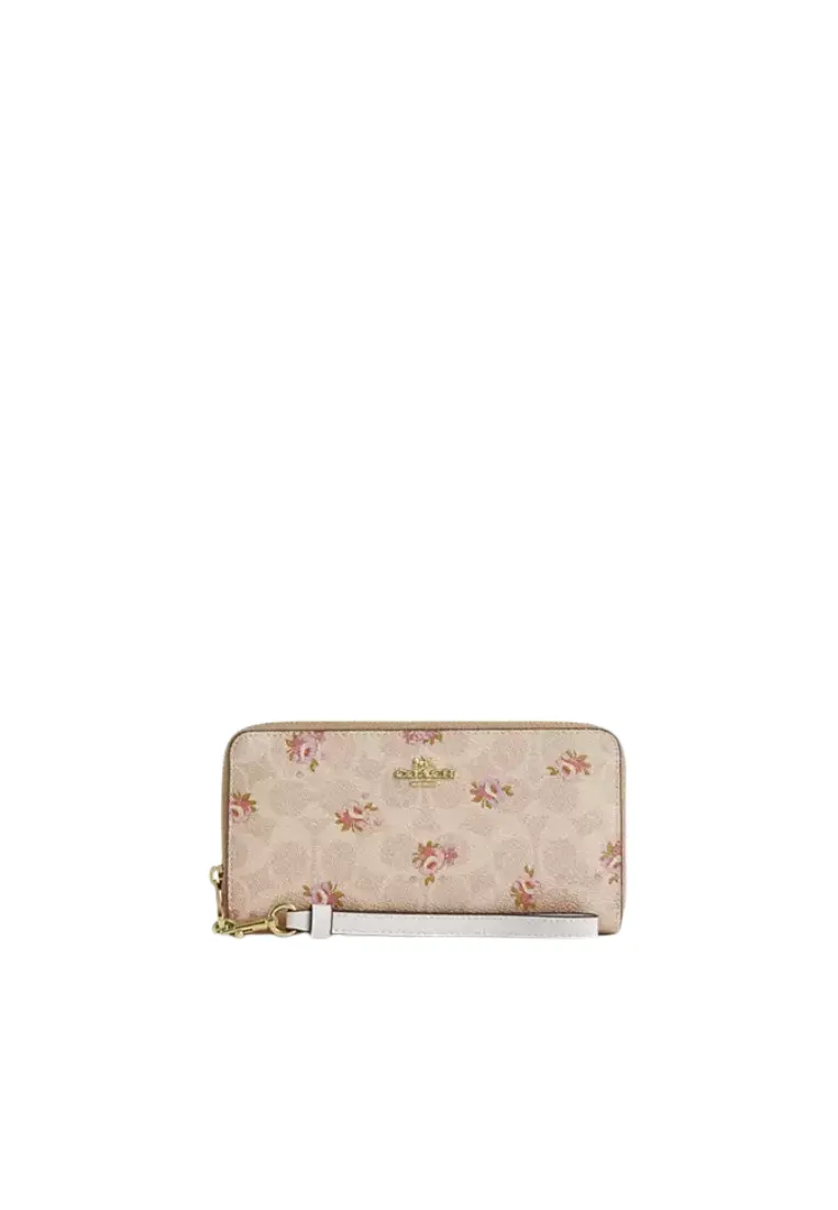 Coach Long Zip Around Wallet Signature Canvas With Floral Print In Sand Multi Car06