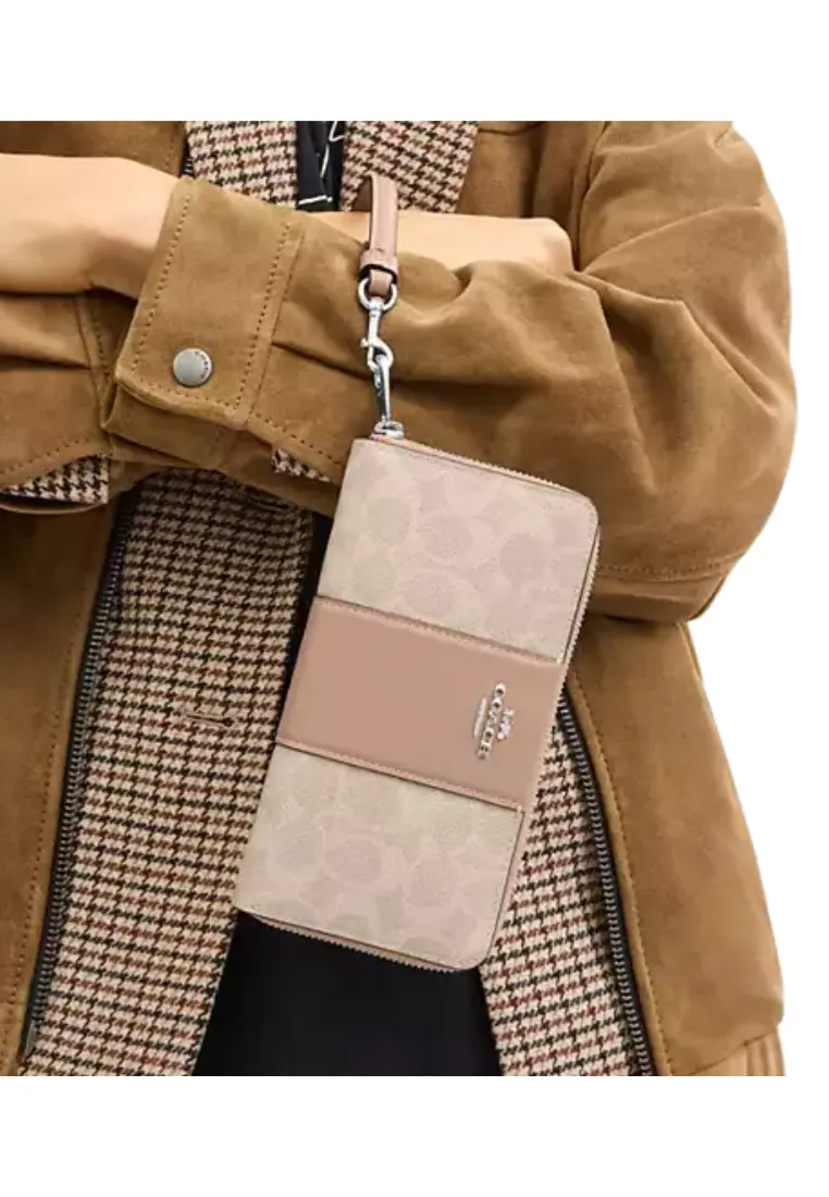 Coach Long Zip Around Wallet Signature Canvas With Stripe In Taupe CW947