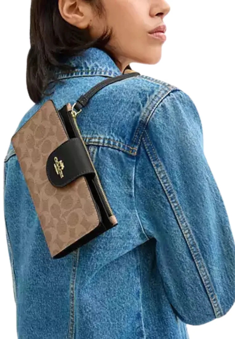 Coach Phone Wallet Signature Canvas In Tan Black CW780