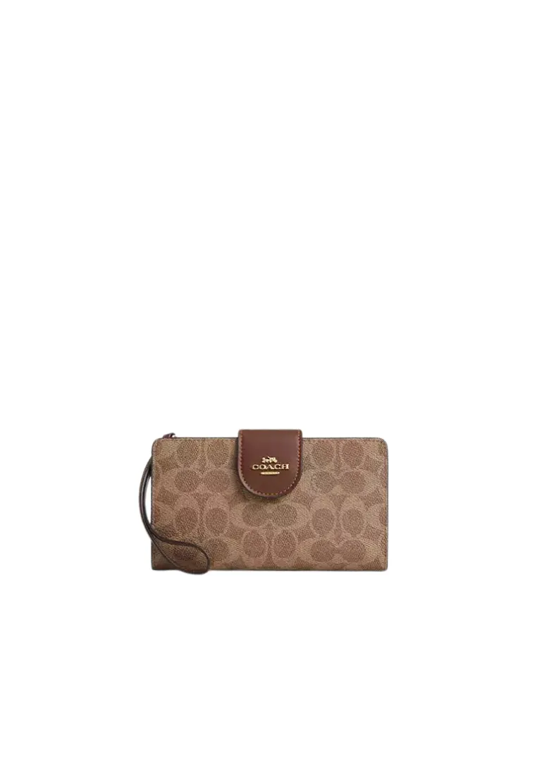 Coach Phone Wallet Signature Canvas In Tan Brown CW780