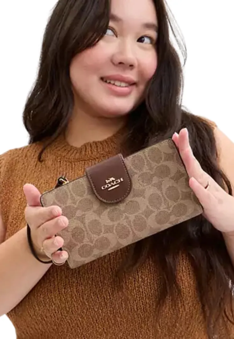 Coach Phone Wallet Signature Canvas In Tan Brown CW780