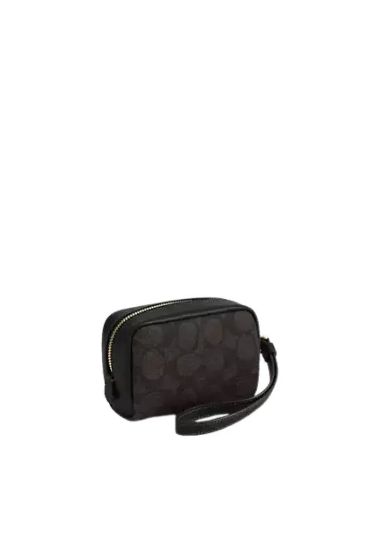 Coach Pouch Wristlet Signature Canvas In Walnut Black CW907
