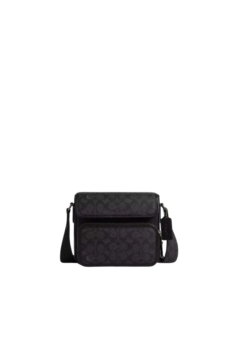 Coach Sullivan Flap Crossbody Bag Signature Canvas In Charcoal Black Cz396