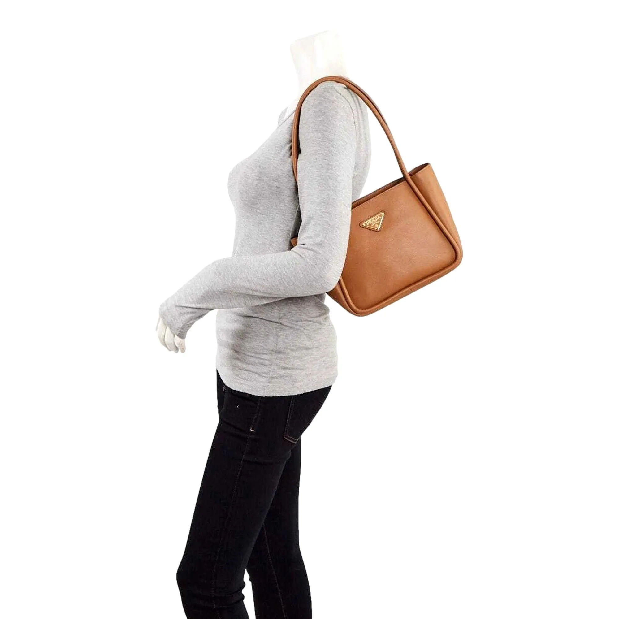 Prada Soft Grain Leather Caramel Brown Small Shoulder Bag Tote