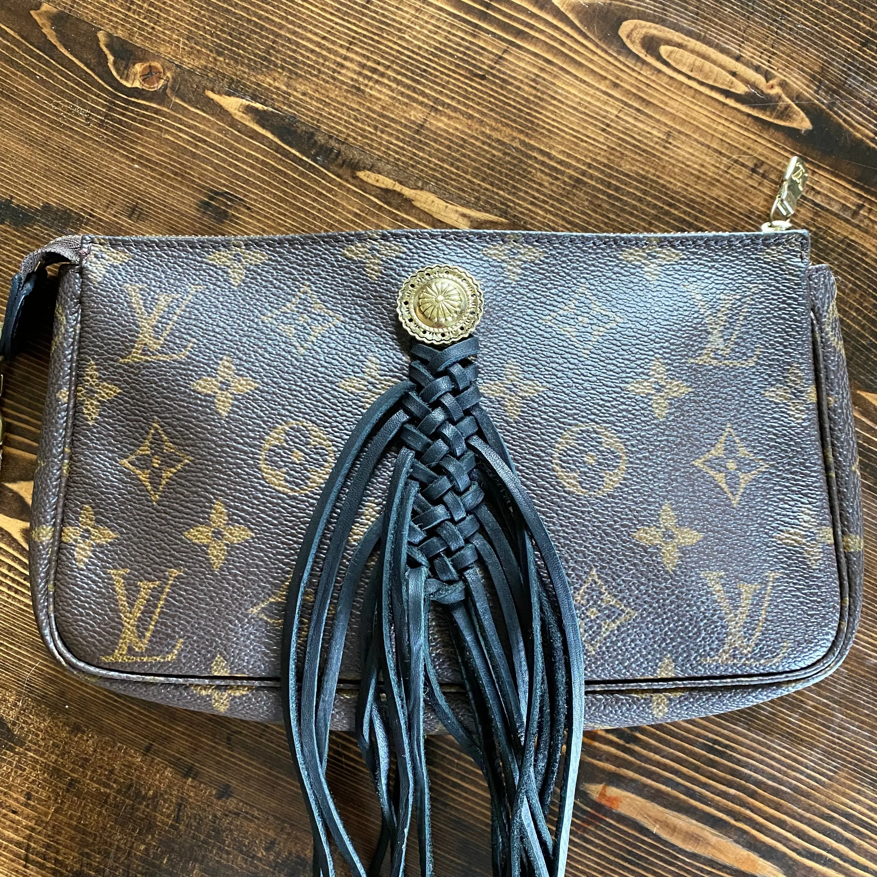 The Junco - Black Fringe Vintage Monogram Wristlet Bag