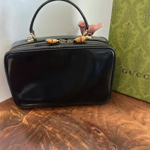 The Junco Crossbody/Clutch - Larger Vintage Gucci Bamboo Cosmetic Bag in Black Leather (Vertical)