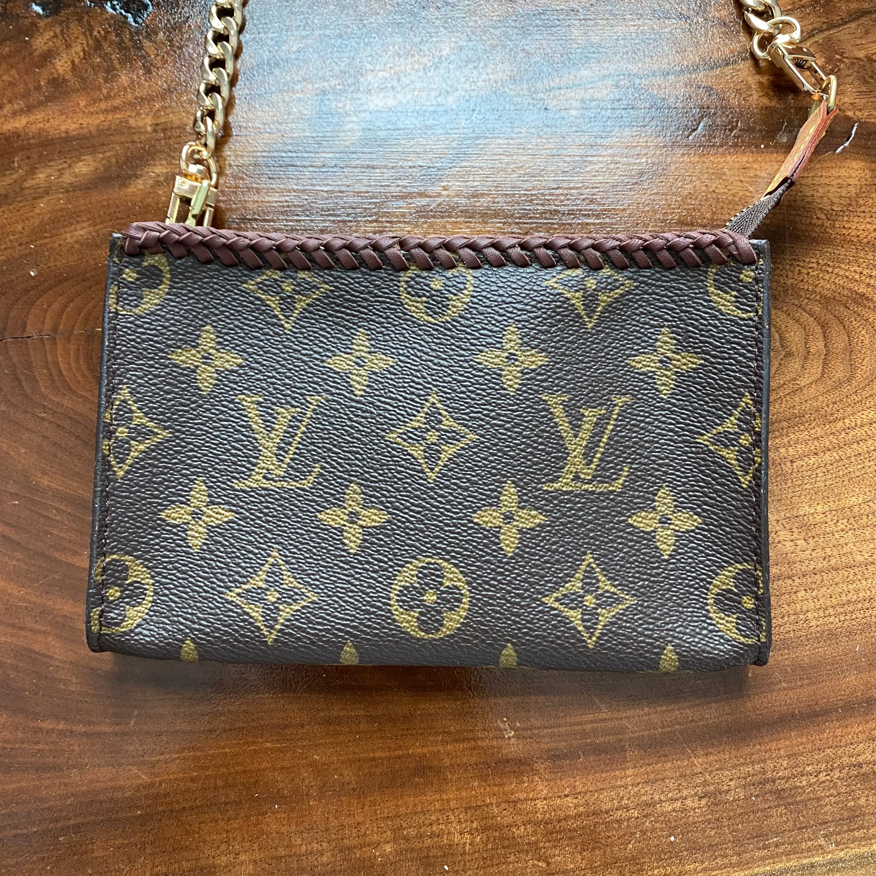 The Junco - Vintage Monogram in Brandy Wristlet