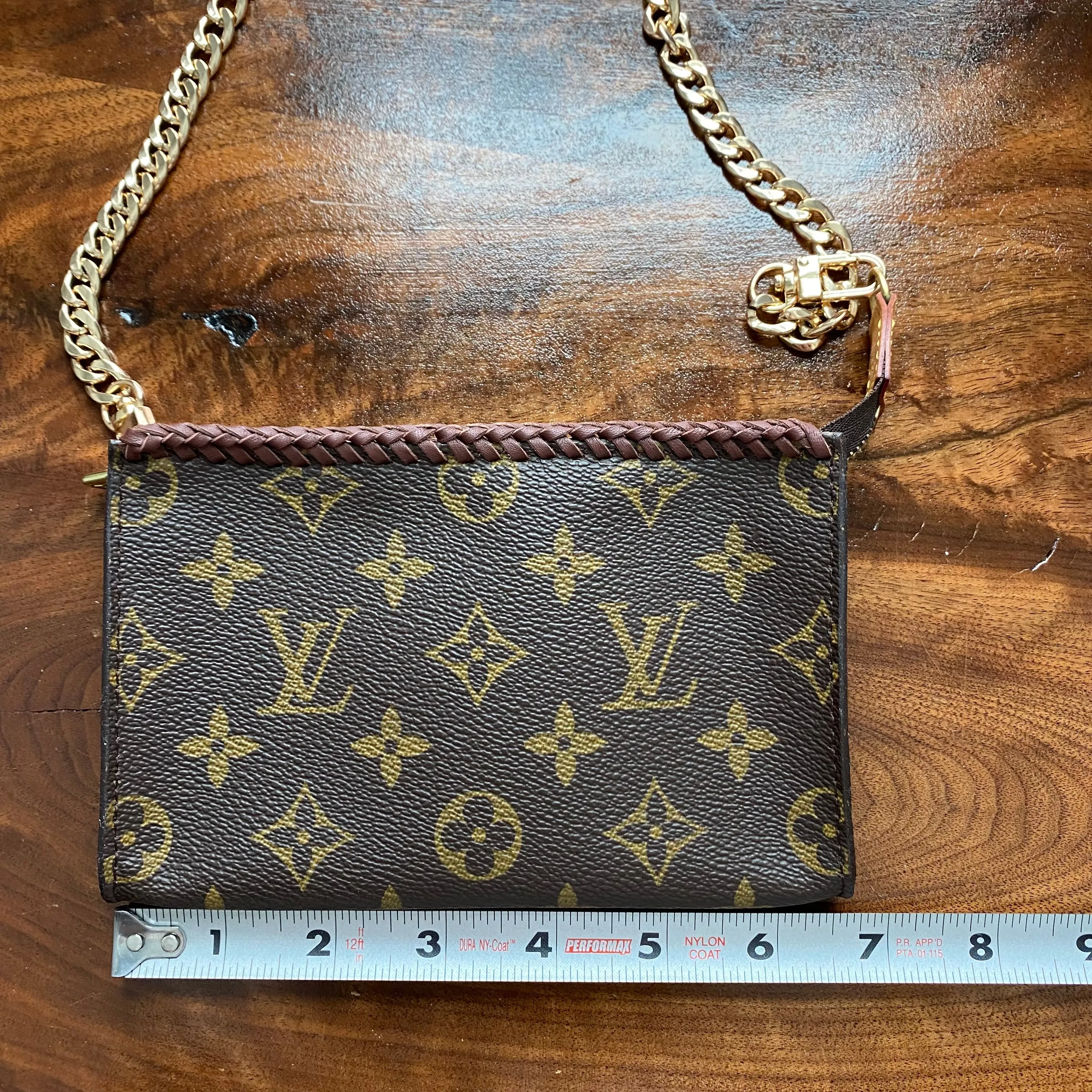The Junco - Vintage Monogram in Brandy Wristlet