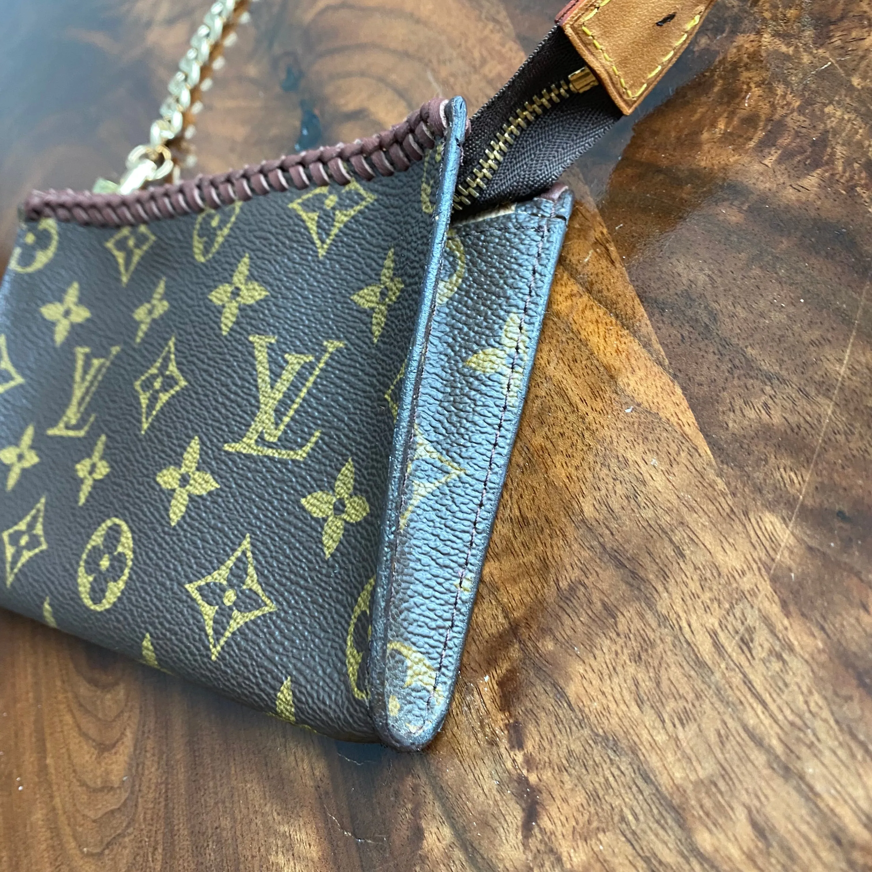 The Junco - Vintage Monogram in Brandy Wristlet
