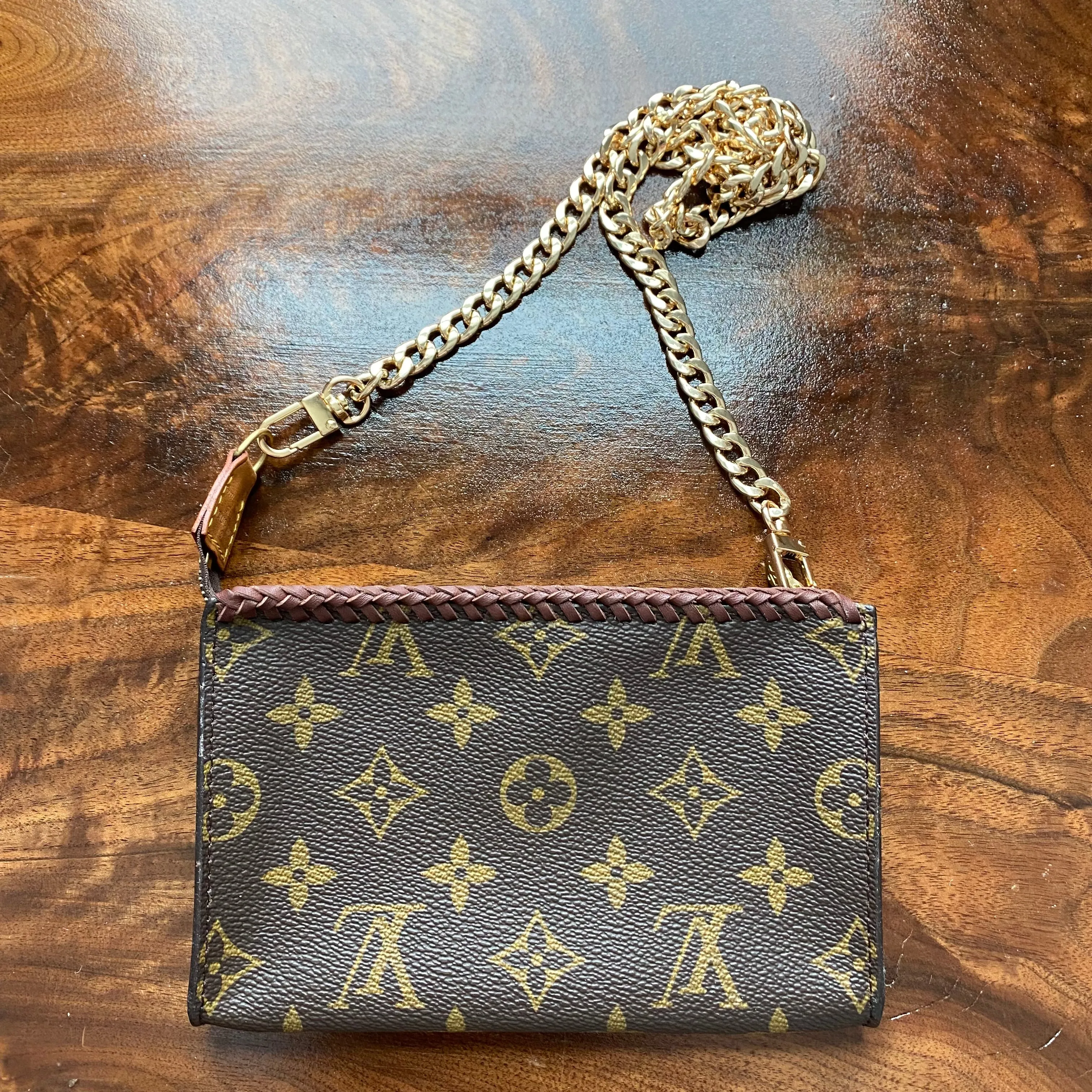 The Junco - Vintage Monogram in Brandy Wristlet