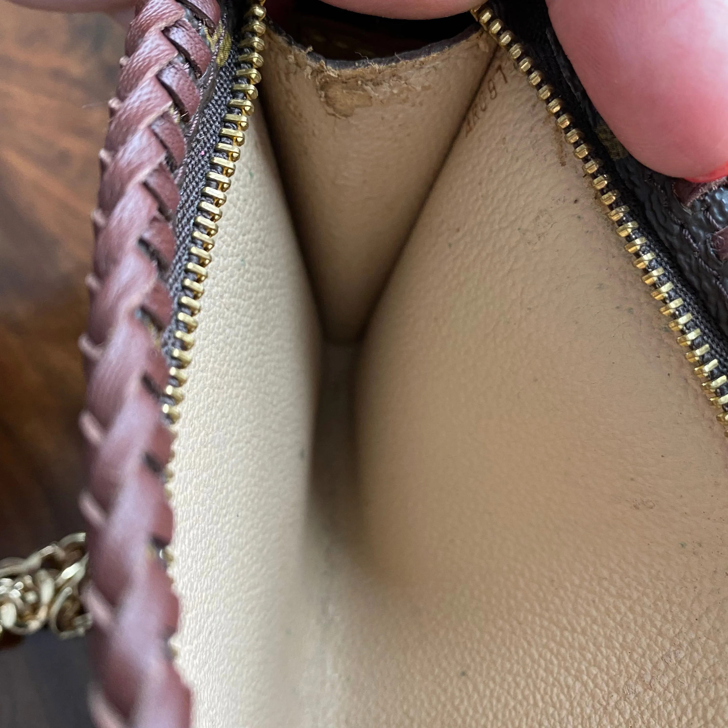 The Junco - Vintage Monogram in Brandy Wristlet