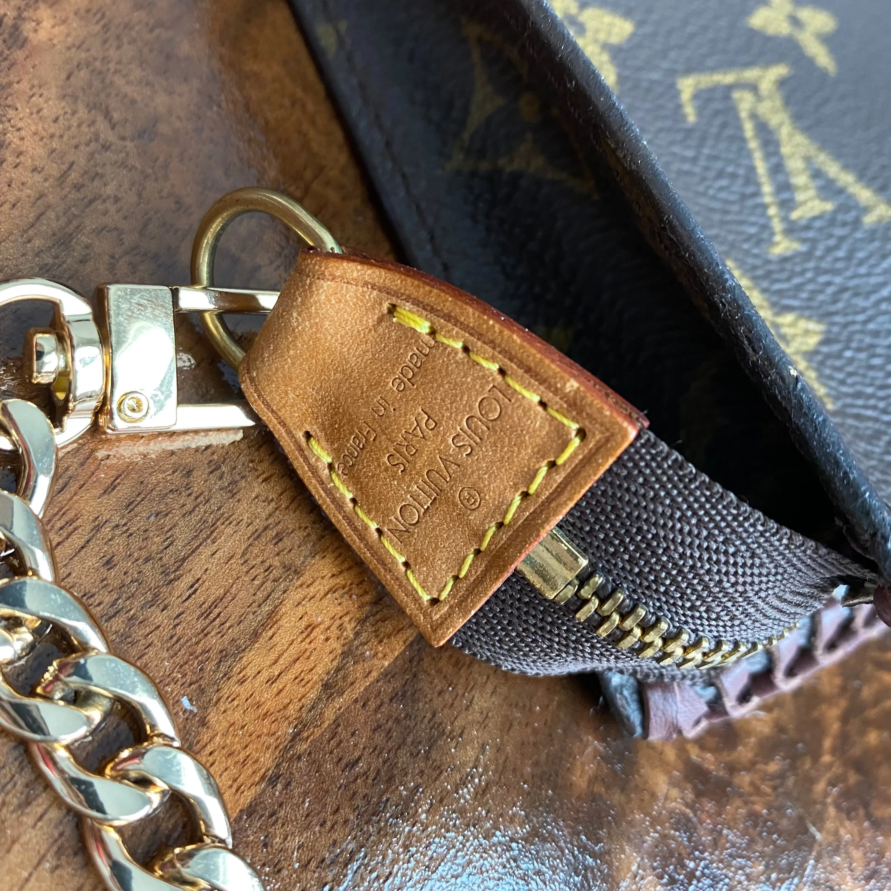 The Junco - Vintage Monogram in Brandy Wristlet