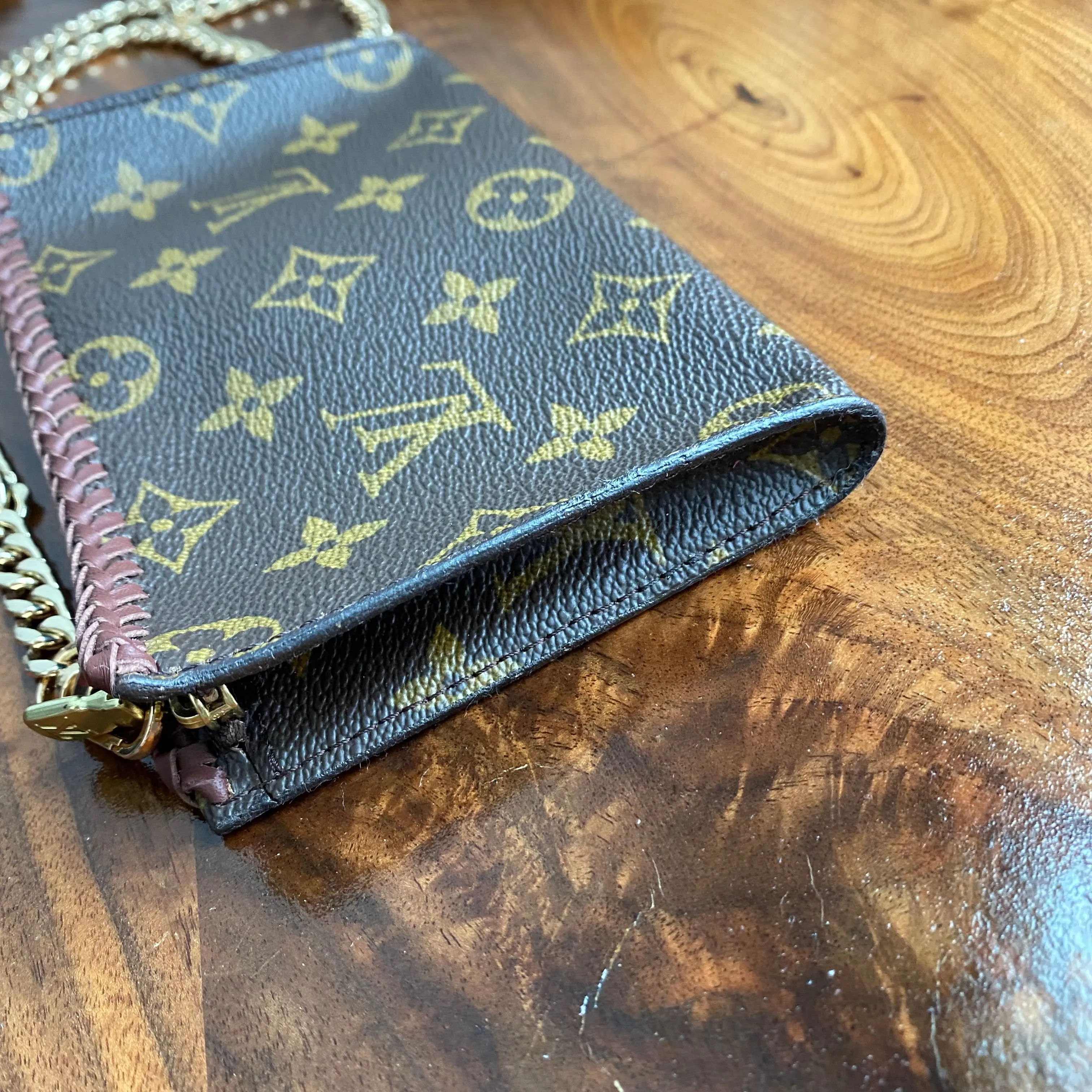 The Junco - Vintage Monogram in Brandy Wristlet