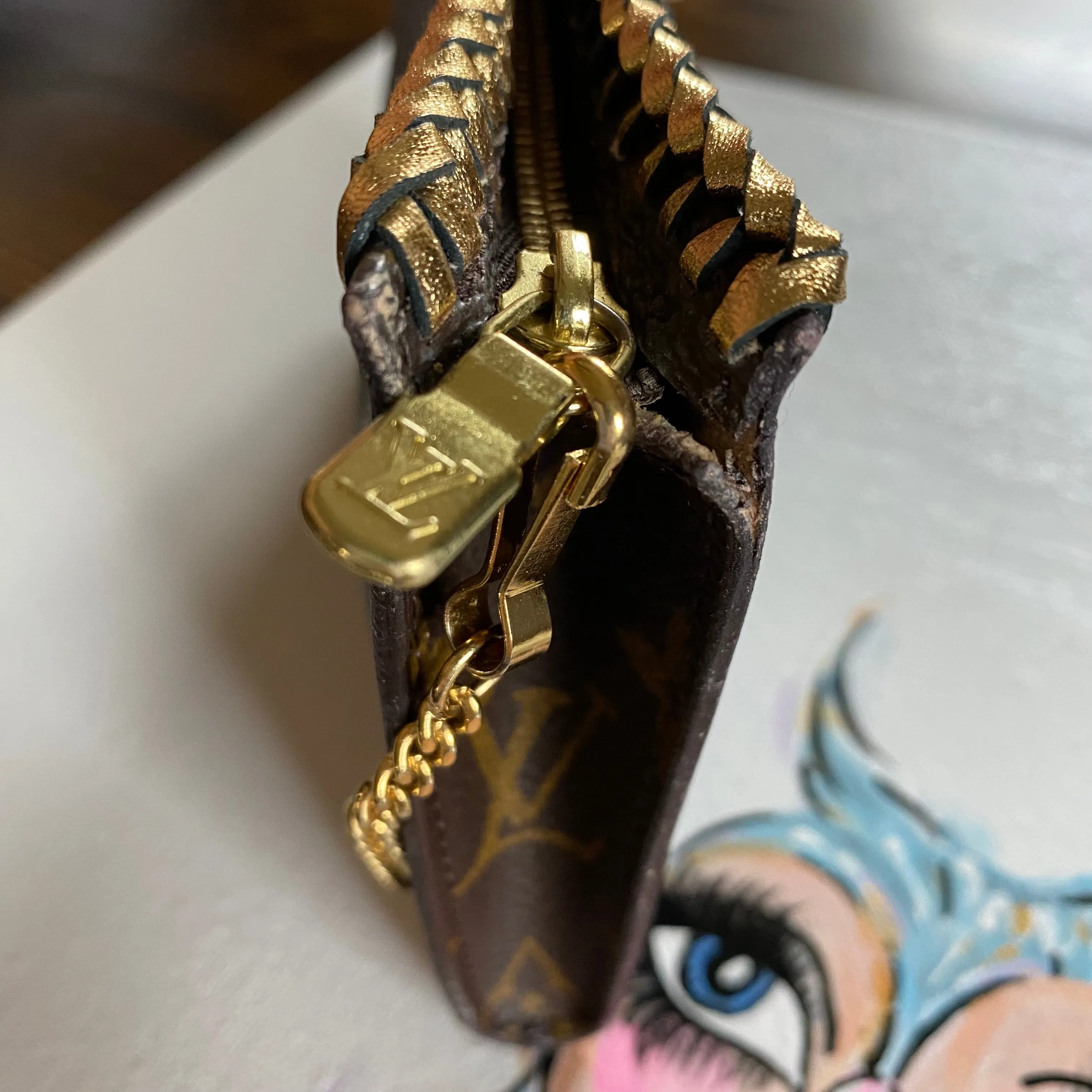 The Junco - Vintage Monogram in Gold Wristlet